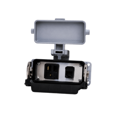 Puerto de Interfaz Bulkhead / Tomacorriente Simple Con Una Conexión de Interfaz RJ45/ Montaje en Panel / Acceso Externo / Conexiones Energía y Programación / Sellado Hermético IP / Carcasa Metálica