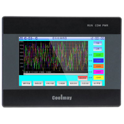 HMI Industrial 4.3 Pulgadas / Pantalla 480x272 píxeles / 12 Entradas Digitales / 10 Salidas Digitales / 5 Entradas Analógicas (2x0-10V + 2x0-20mA + 1xNTC10K) / 2 Salidas Analógicas (1x0-10V + 1x0-20mA) / Comunicación RS232 y RS