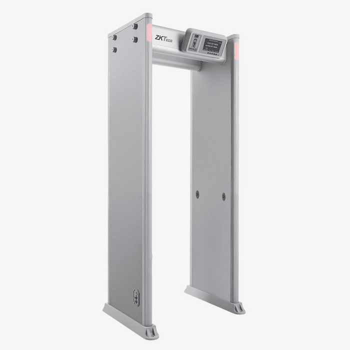 ZKTECO D4330 - Arco Detector de Metales con 33 zonas de detección, 300 niveles de sensibilidad, pantalla HD 7", indicadores LED en ambas vistas, control remoto y batería de respaldo incluida.