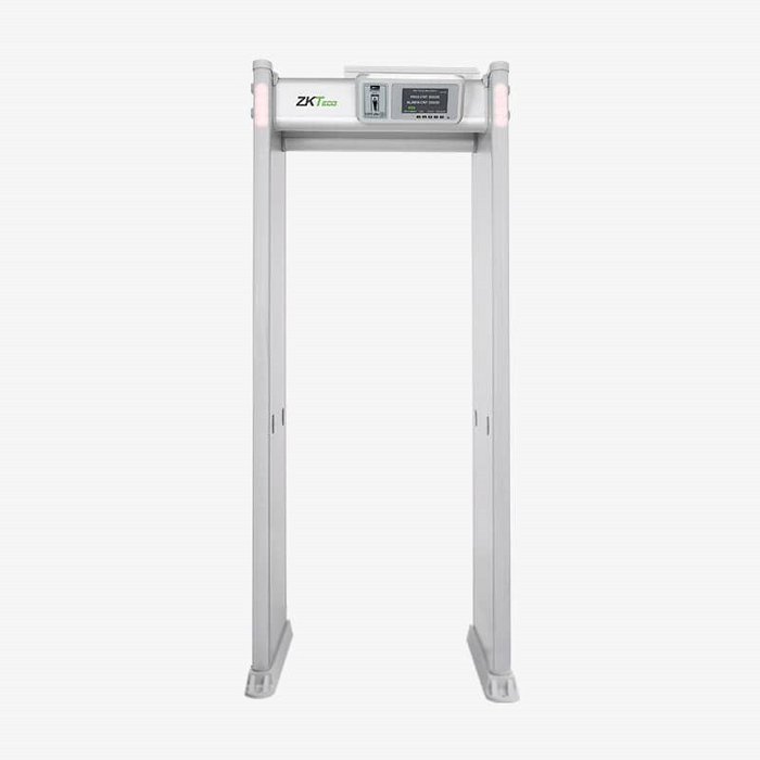 ZKTECO D4330 - Arco Detector de Metales con 33 zonas de detección, 300 niveles de sensibilidad, pantalla HD 7", indicadores LED en ambas vistas, control remoto y batería de respaldo incluida.